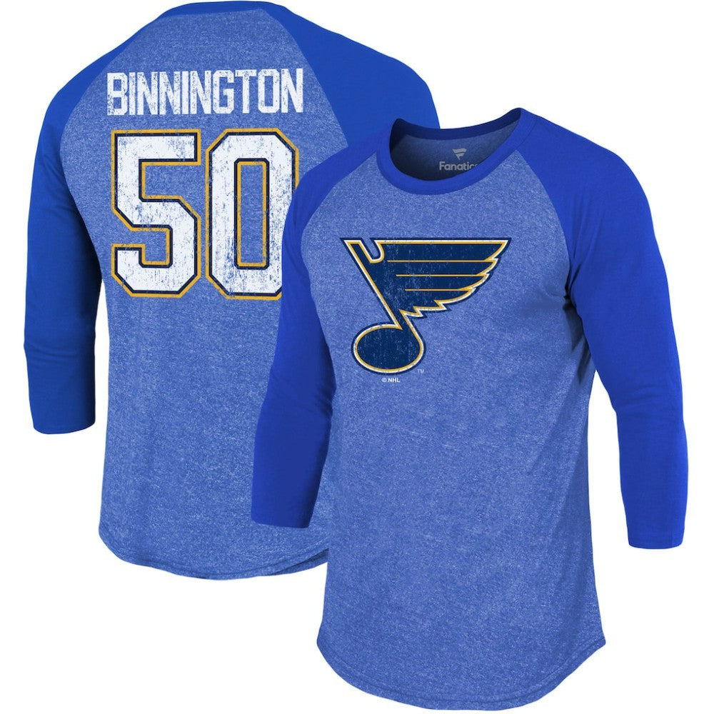 Jordan Binnington St. Louis Blues Fanatics Name & Number Tri-Blend Raglan 3/4-Sleeve T-Shirt Online