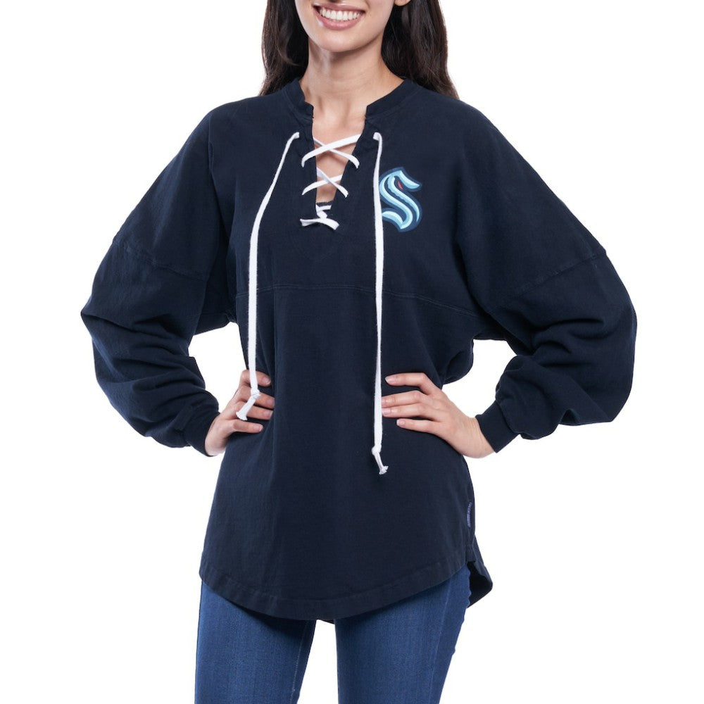 Seattle Kraken Fanatics Women's Lace Up Long Sleeve Spirit Top For Sale