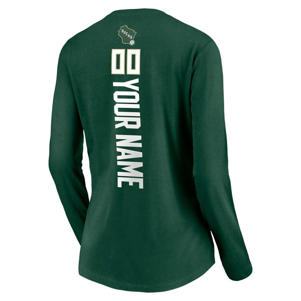Milwaukee Bucks Women's Playmaker Personalized Name & Number Long Sleeve V-Neck T-Shirt Discount