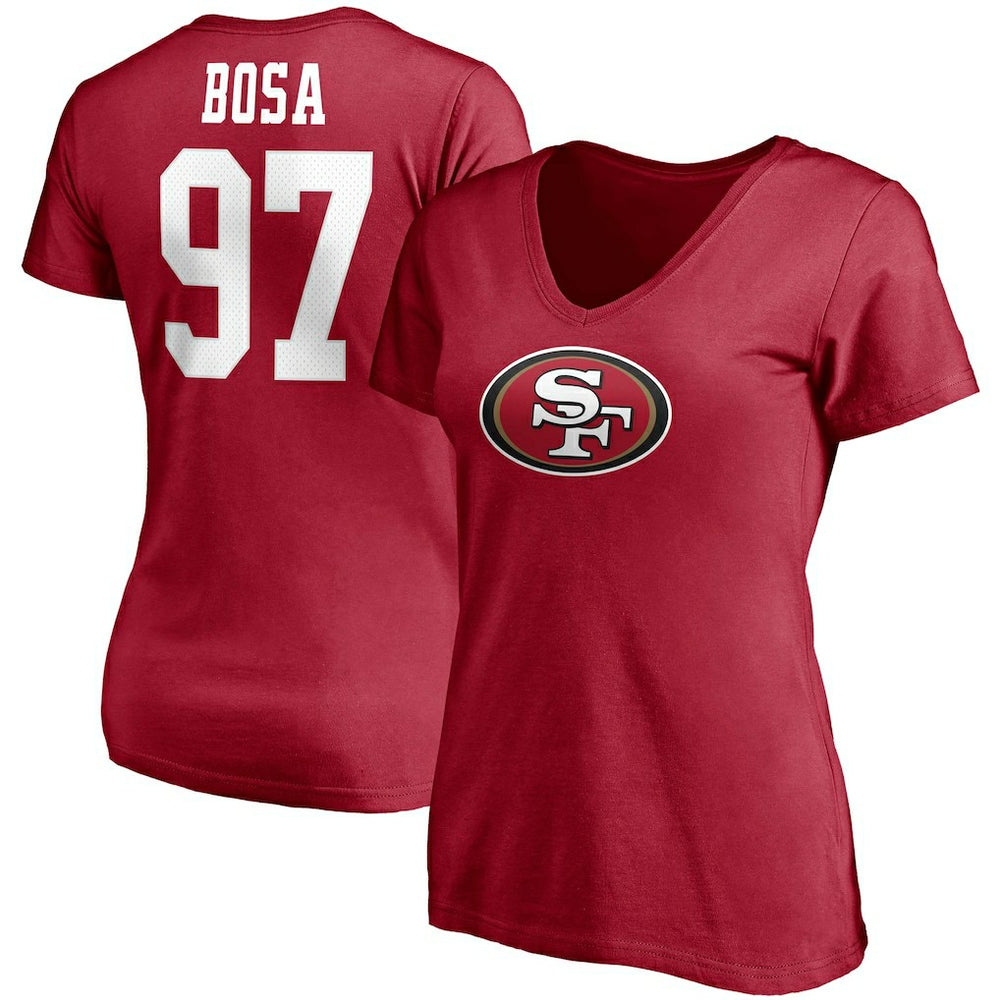 San Francisco 49ers Fanatics Nick Bosa  Women's Player Icon Name & Number V-Neck T-Shirt