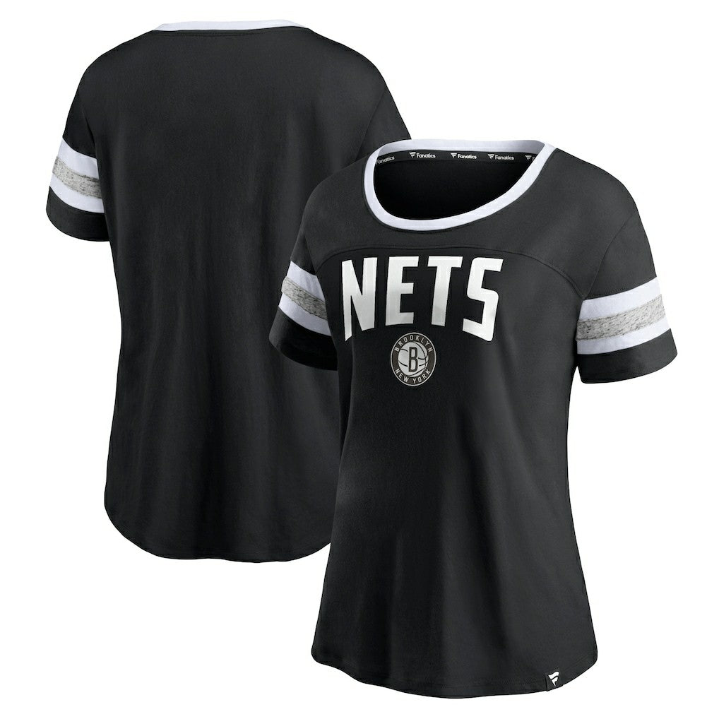 Brooklyn Nets Women's Block Party Striped Sleeve T-Shirt On Sale