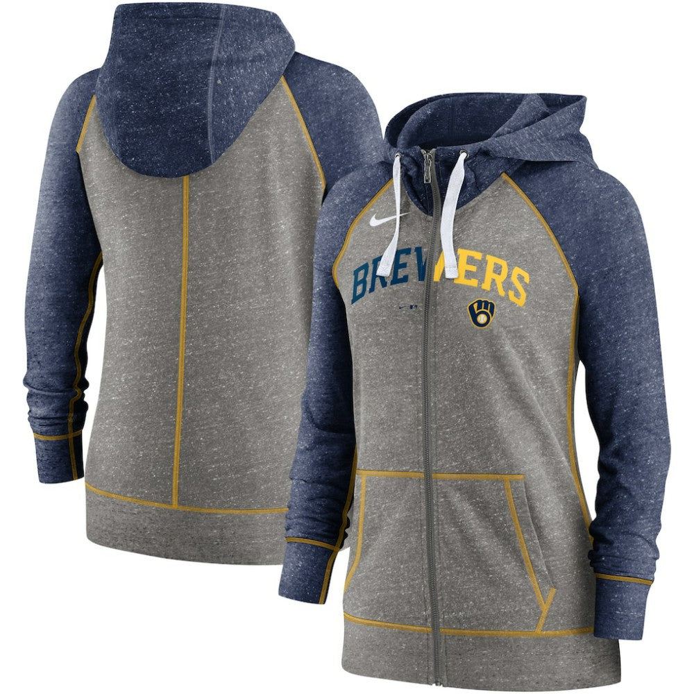 Milwaukee Brewers Nike Women's Split Wordmark Gym Vintage Raglan Lightweight Full-Zip Hoodie | MLB On Sale
