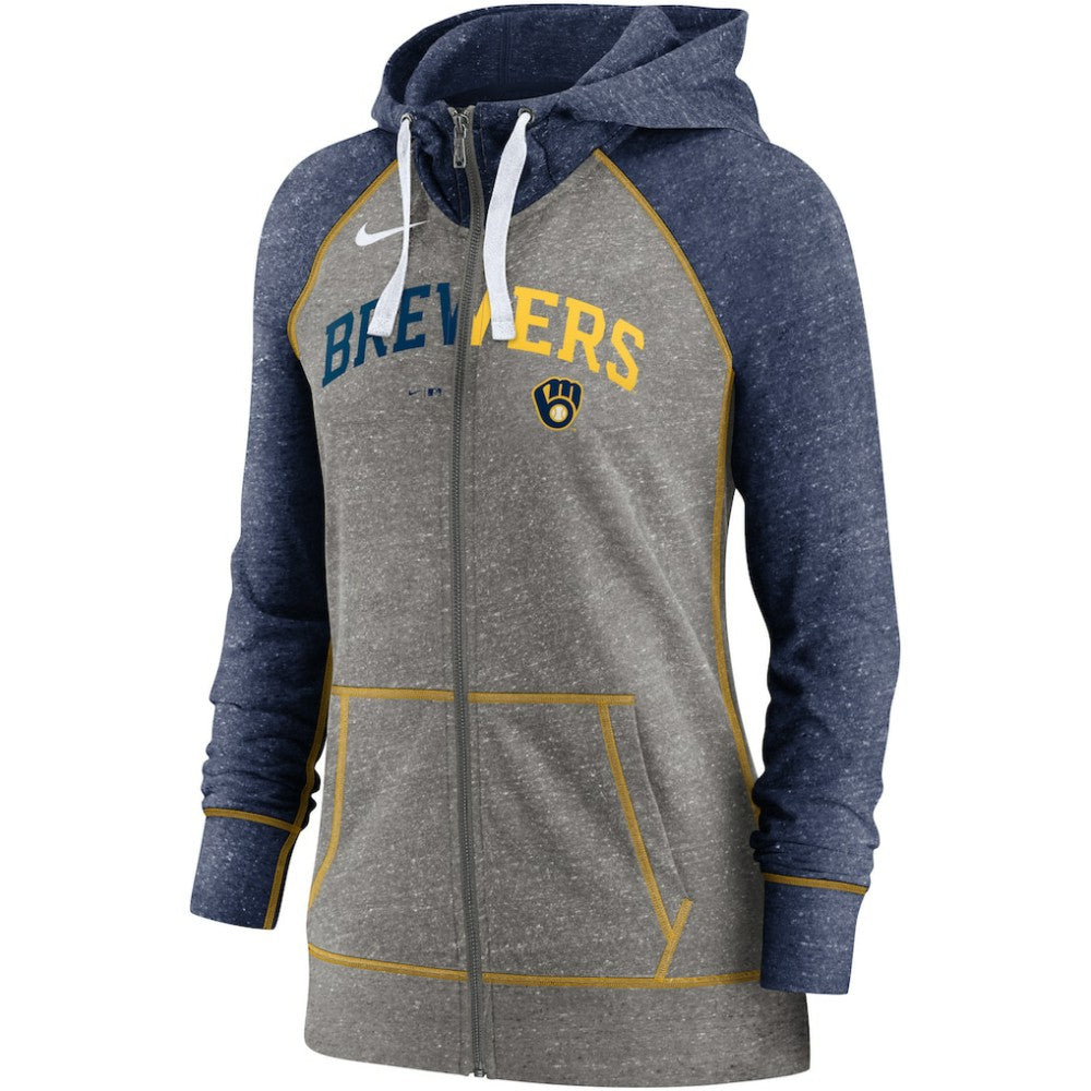 Milwaukee Brewers Nike Women's Split Wordmark Gym Vintage Raglan Lightweight Full-Zip Hoodie | MLB On Sale