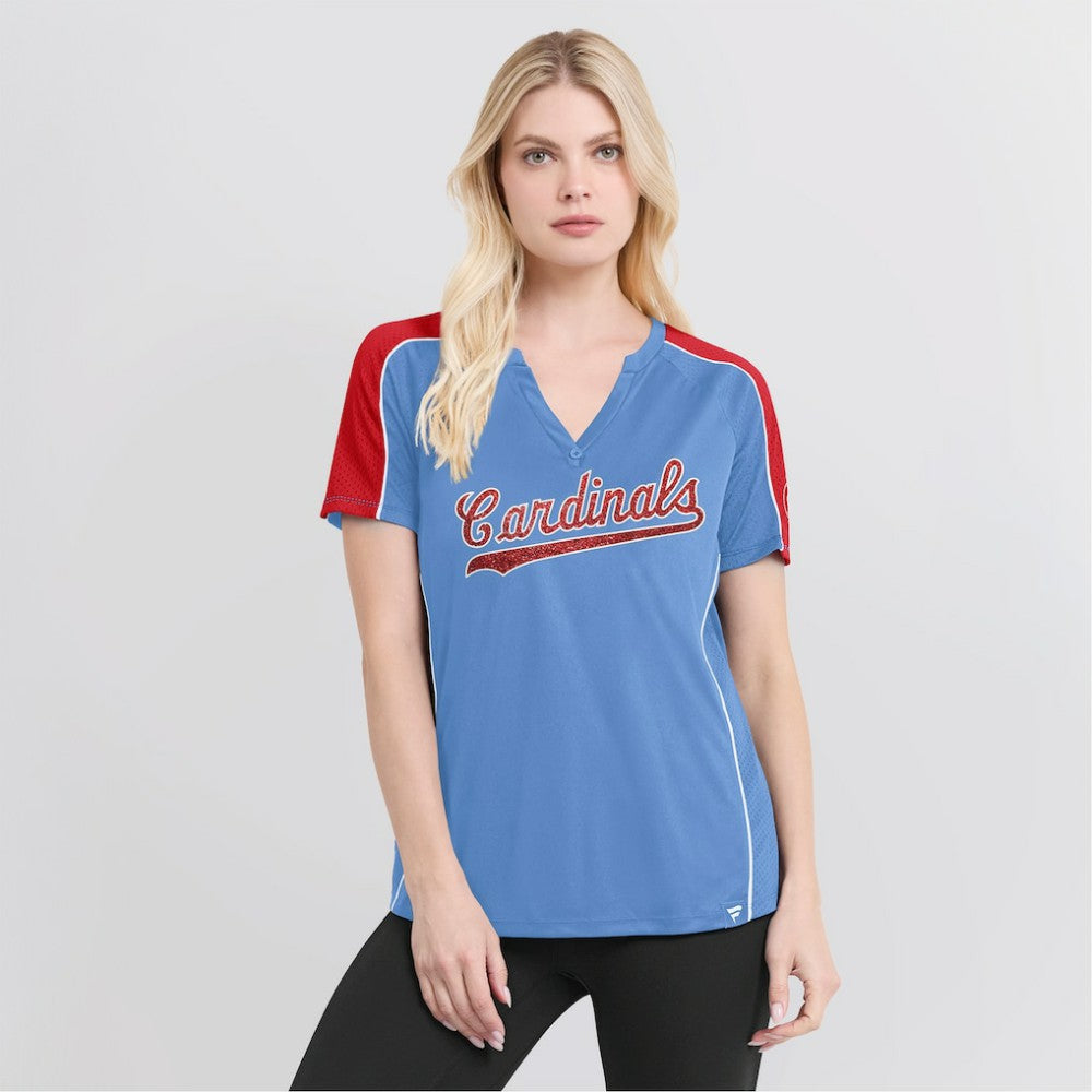 St. Louis Cardinals Fanatics Women's Light Blue/Red True Classic League Diva Pinstripe Raglan V-Neck T-Shirt | MLB Online