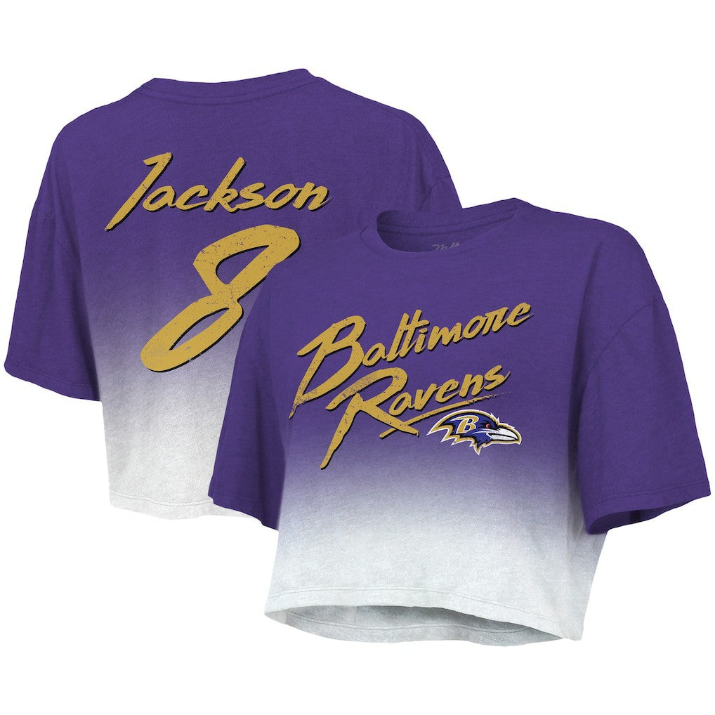 Baltimore Ravens  Lamar Jackson  Majestic Threads Women's Dip-Dye Player Name & Number Crop Top