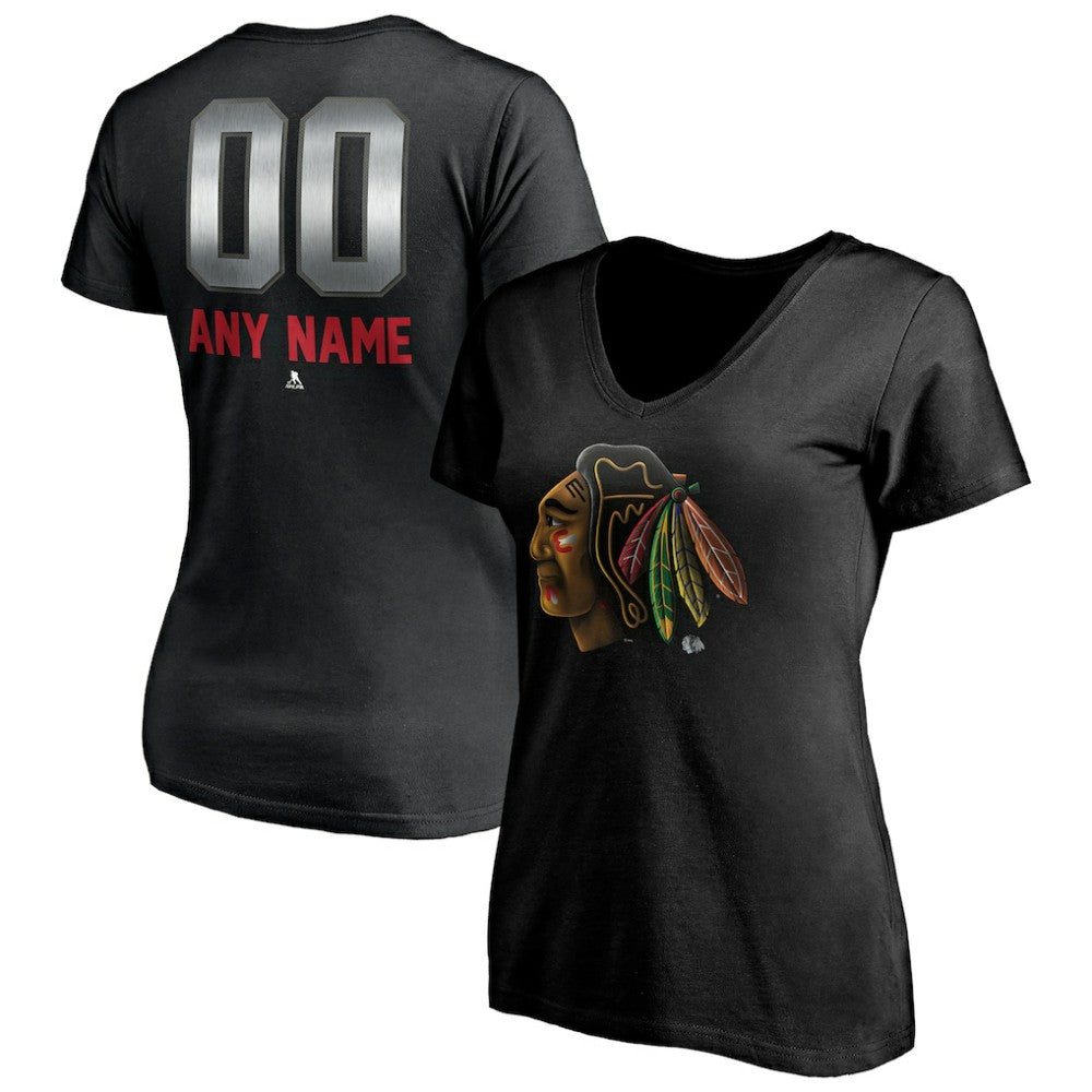 Chicago Blackhawks Women's Personalized Midnight Mascot Logo V-Neck T-Shirt For Sale