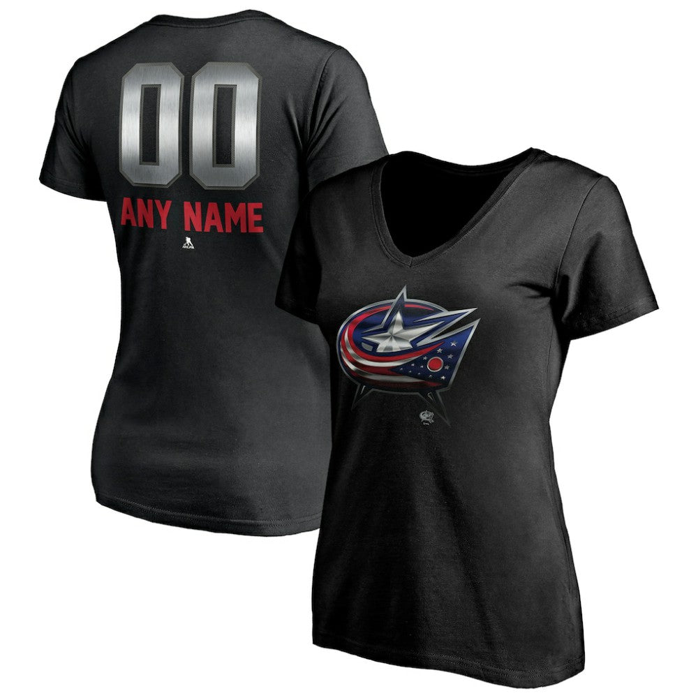 Columbus Blue Jackets Women's Personalized Midnight Mascot Logo V-Neck T-Shirt Discount