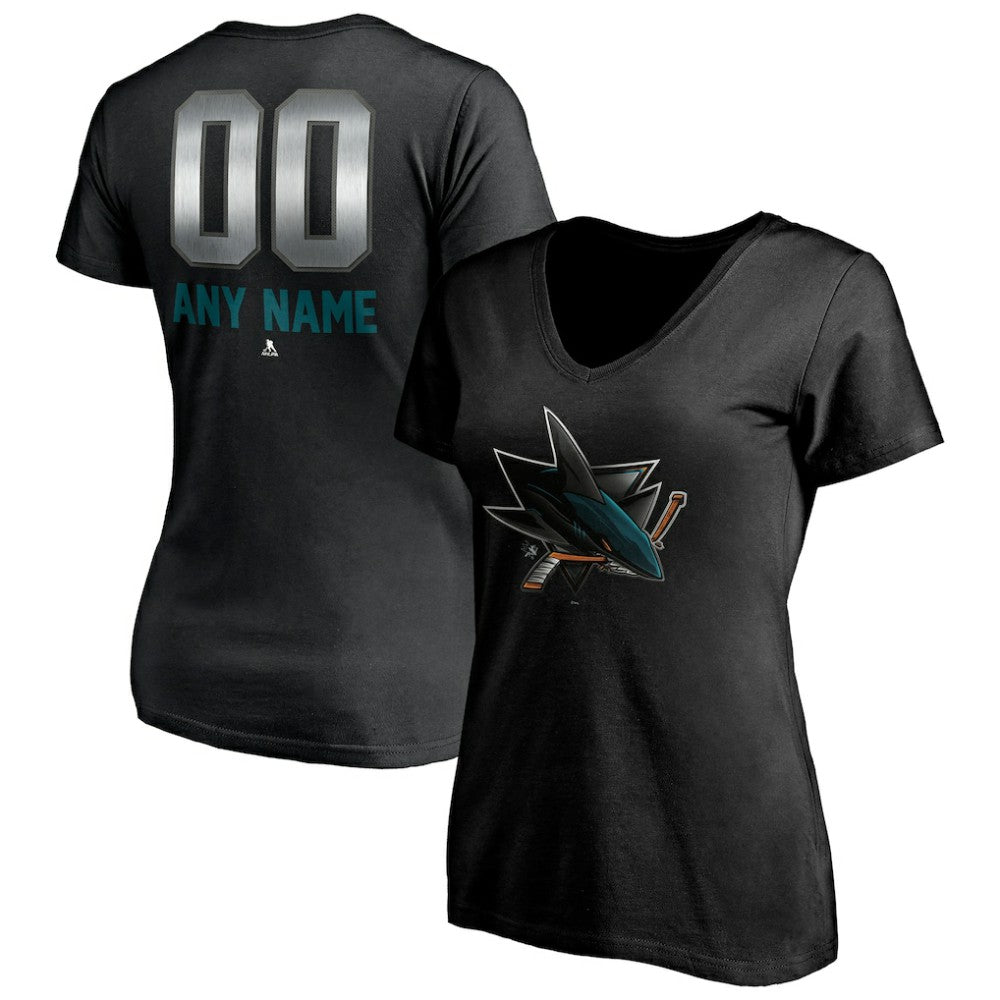 San Jose Sharks Women's Personalized Midnight Mascot Logo V-Neck T-Shirt Outlet
