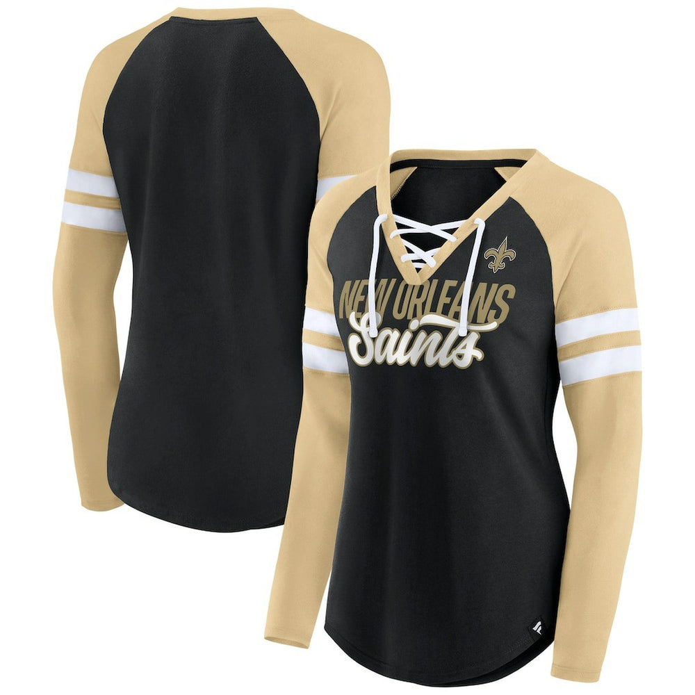 New Orleans Saints Fanatics Women's True to Form Raglan Lace-Up V-Neck Long Sleeve T-Shirt