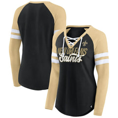 New Orleans Saints Fanatics Women's True to Form Raglan Lace-Up V-Neck Long Sleeve T-Shirt