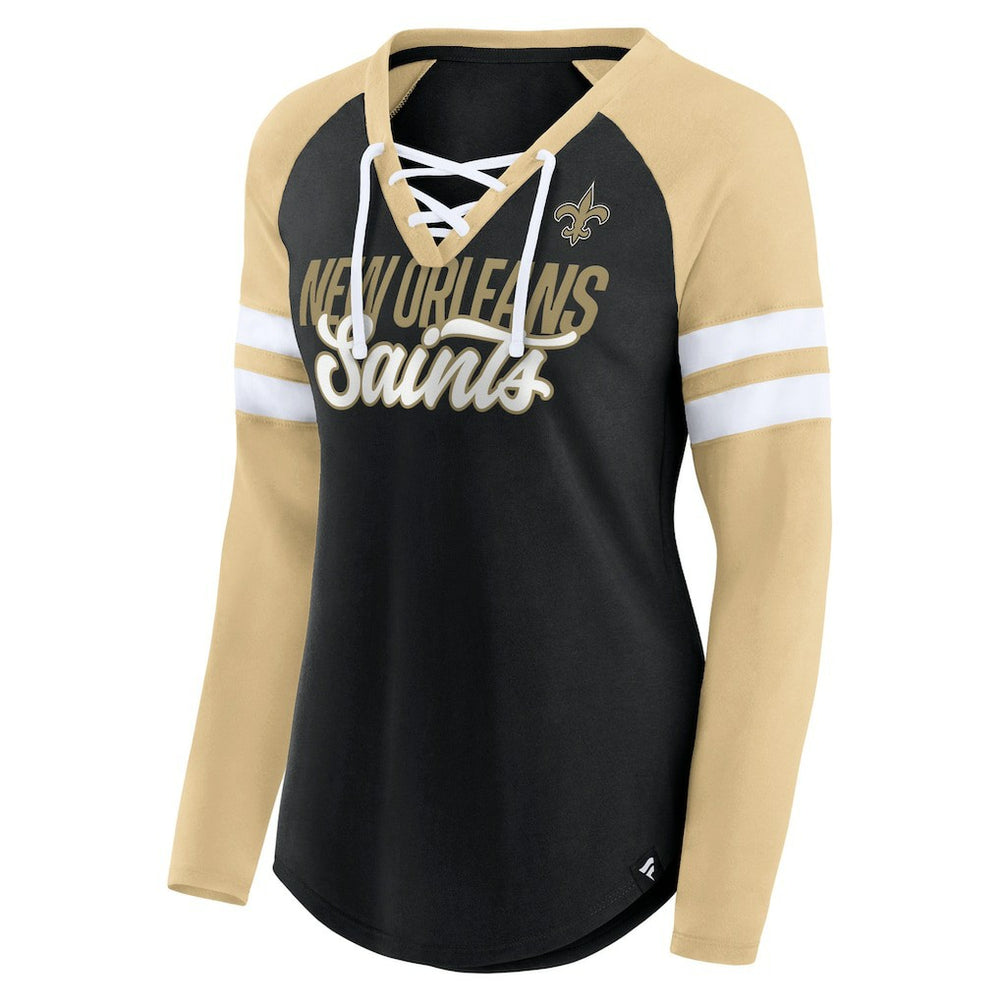 New Orleans Saints Fanatics Women's True to Form Raglan Lace-Up V-Neck Long Sleeve T-Shirt
