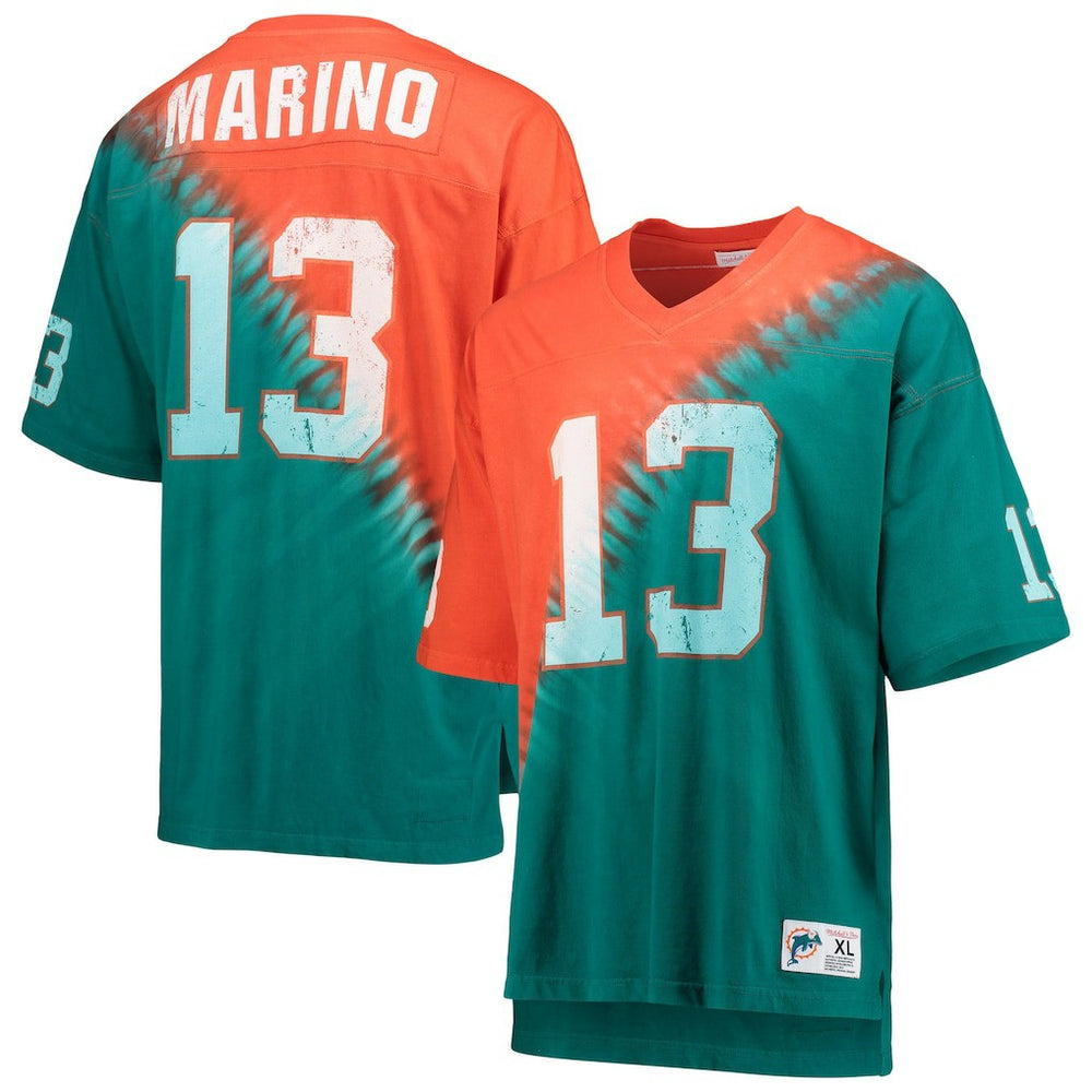 Miami Dolphins Mitchell & Ness Dan Marino  Retired Player Name & Number Diagonal Tie-Dye V-Neck T-Shirt