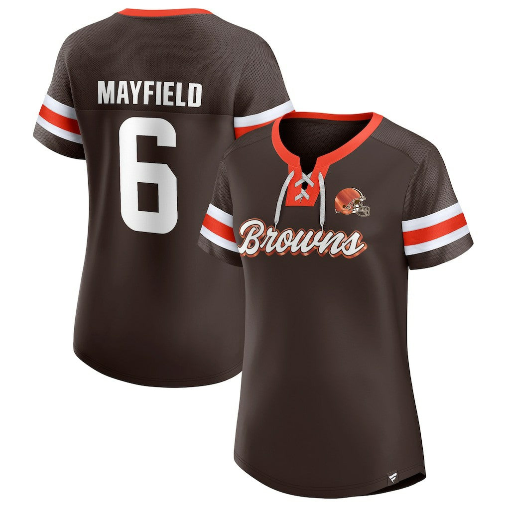 Cleveland Browns Fanatics Baker Mayfield  Women's Athena Name & Number Notch Neck T-Shirt