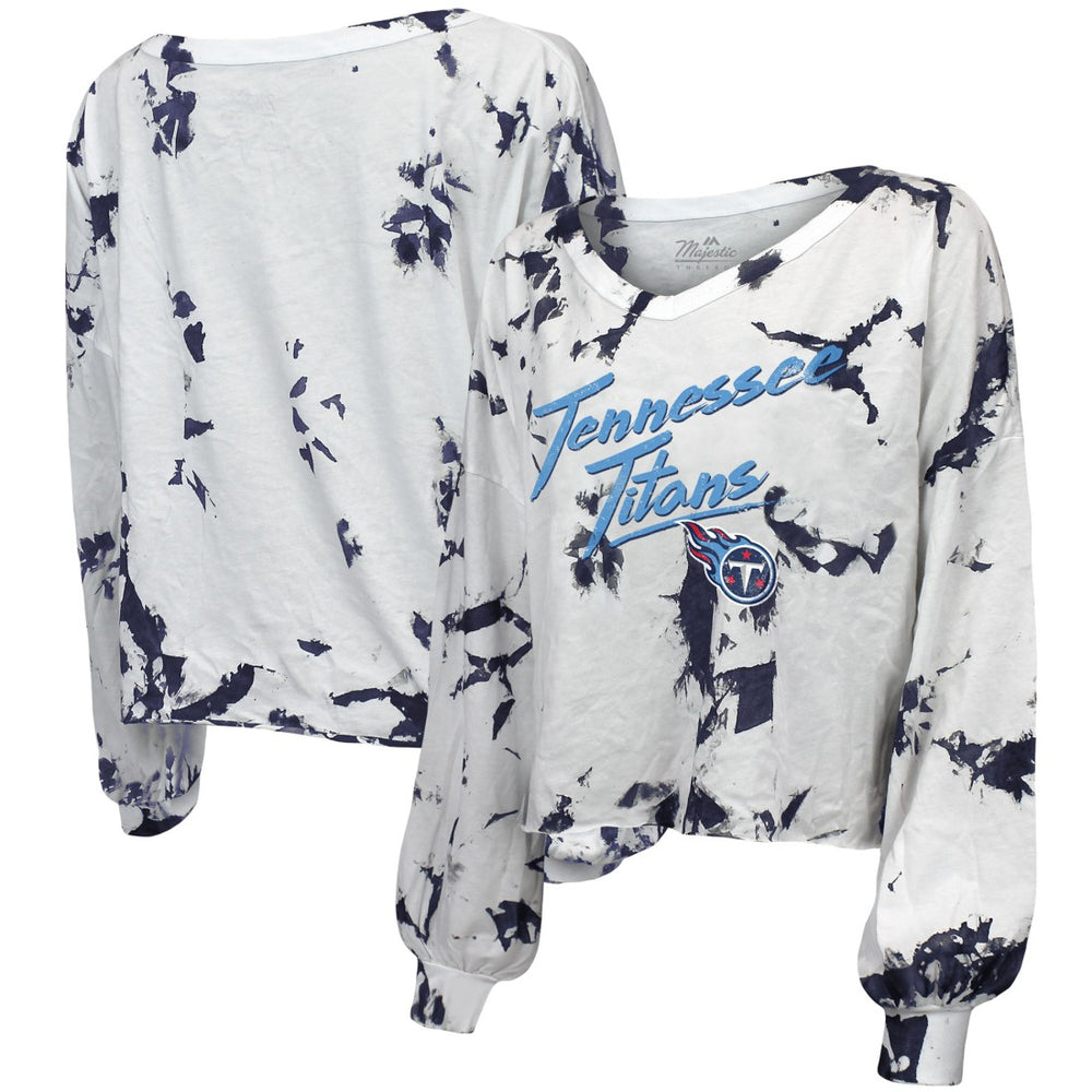 Tennessee Titans  Majestic Threads Women's Off-Shoulder Tie-Dye V-Neck Long Sleeve T-Shirt