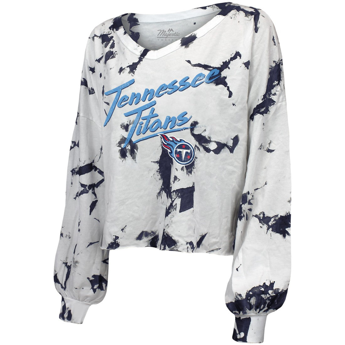 Tennessee Titans  Majestic Threads Women's Off-Shoulder Tie-Dye V-Neck Long Sleeve T-Shirt