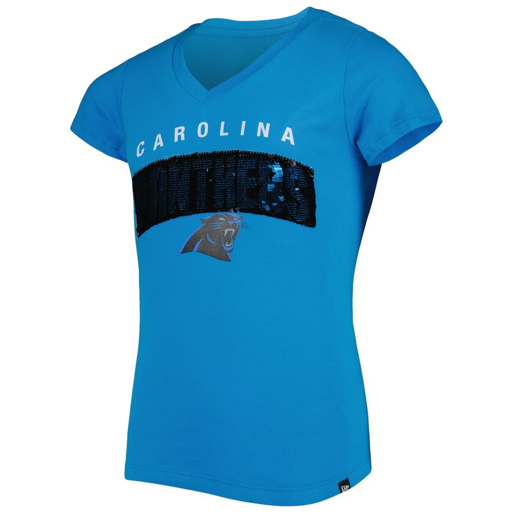 Carolina Panthers New Era Girls Youth Reverse Sequin Wordmark V-Neck T-Shirt