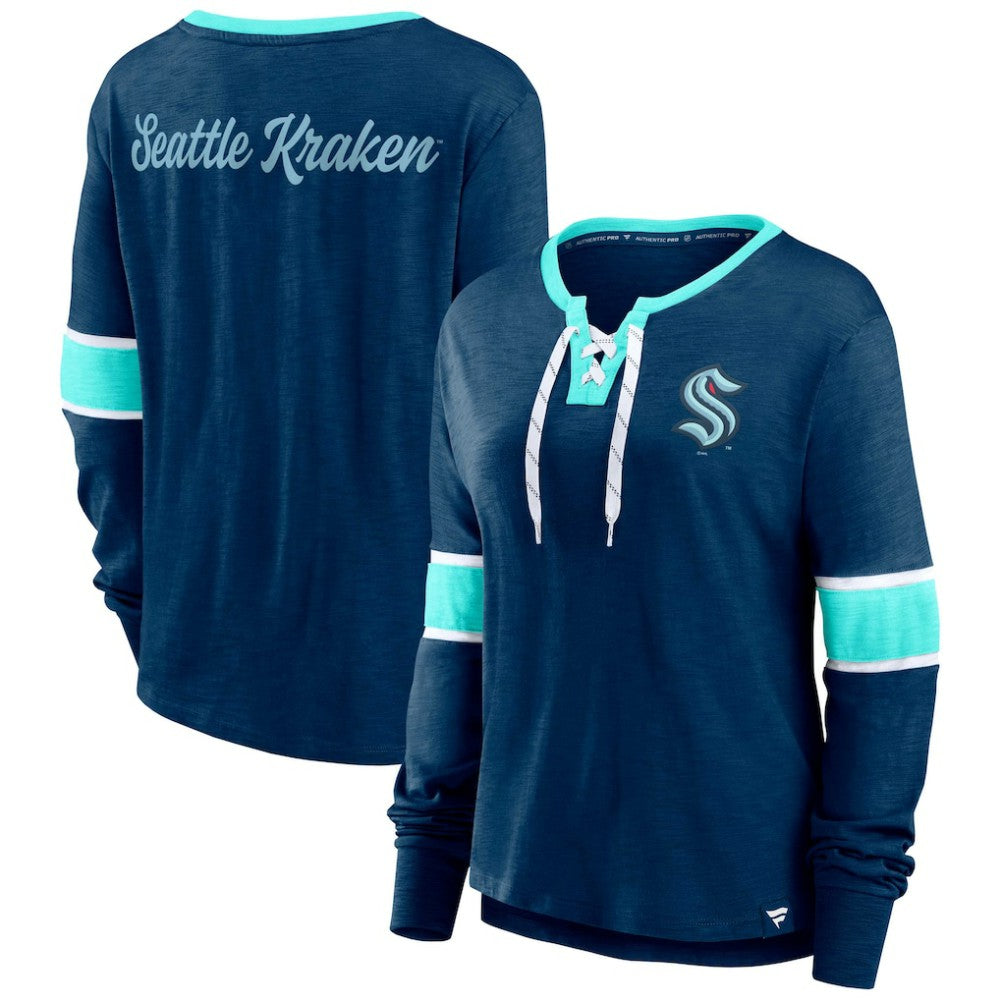 Seattle Kraken Fanatics Women's Effervescent Exclusive Notch Neck Lace-Up Long Sleeve Slub T-Shirt Discount