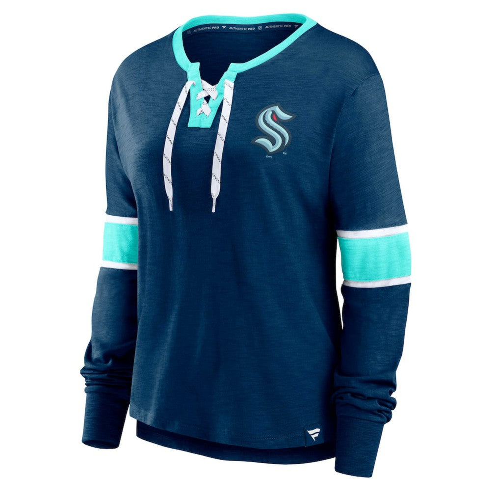 Seattle Kraken Fanatics Women's Effervescent Exclusive Notch Neck Lace-Up Long Sleeve Slub T-Shirt Discount