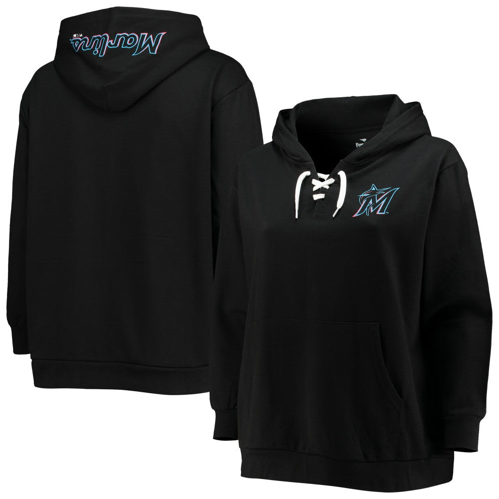 Miami Marlins Women's Plus Size Lace-Up V-Neck Pullover Hoodie | MLB Near me