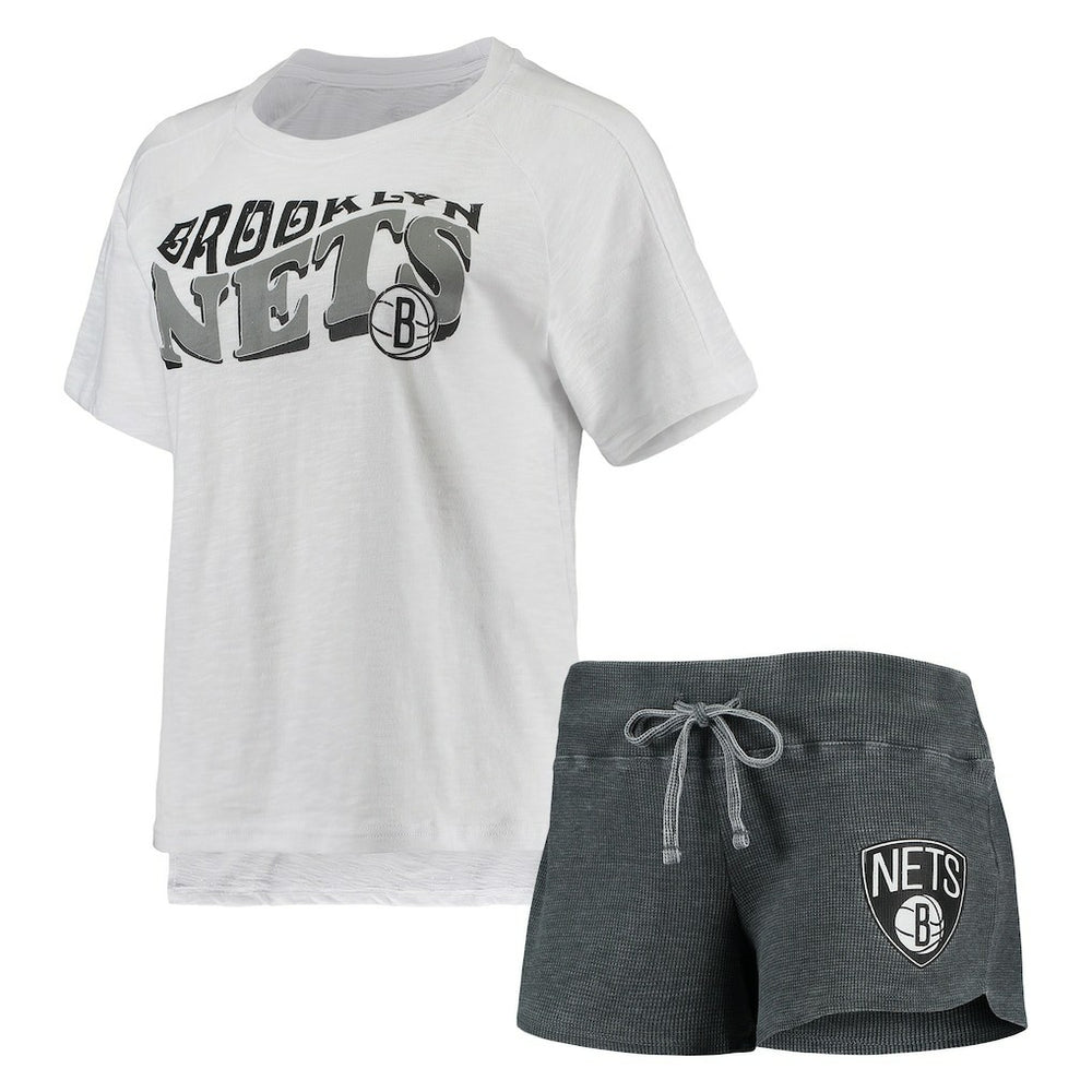 Brooklyn Nets Concepts Sport Women's Resurgence Slub Burnout Raglan Top & Shorts Sleep Set New
