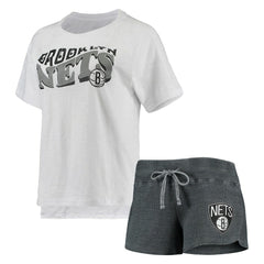 Brooklyn Nets Concepts Sport Women's Resurgence Slub Burnout Raglan Top & Shorts Sleep Set New