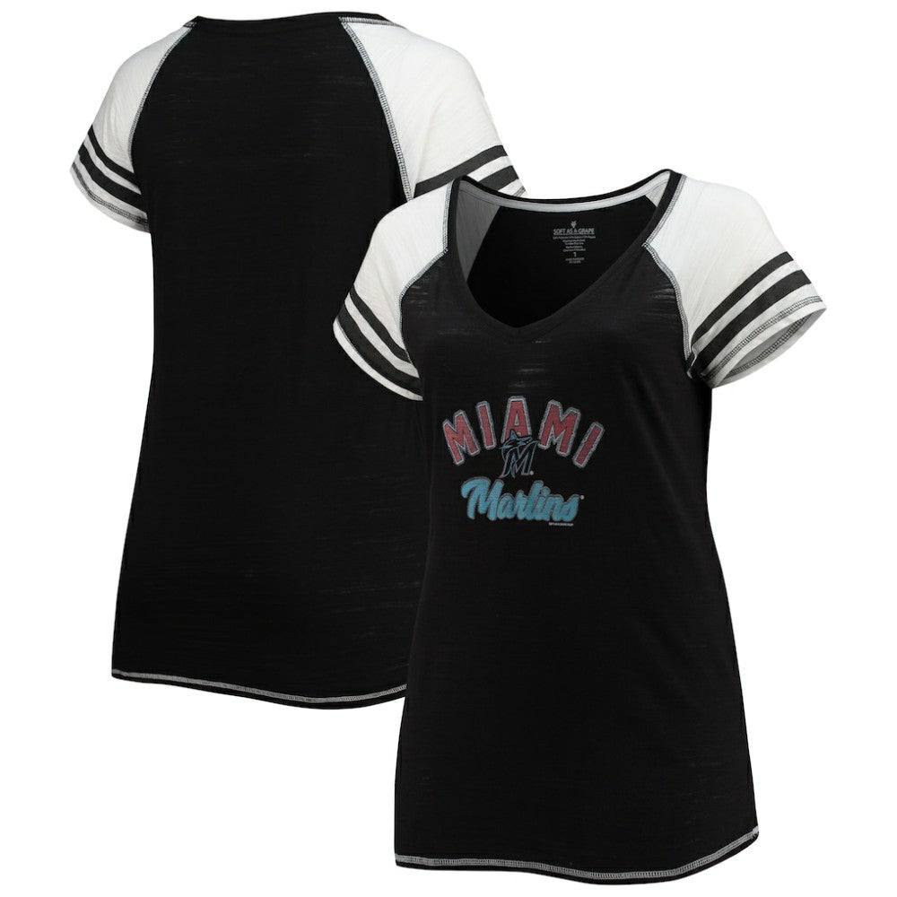 Miami Marlins Soft as a Grape Women's Curvy Color Block Tri-Blend Raglan V-Neck T-Shirt | MLB Discount