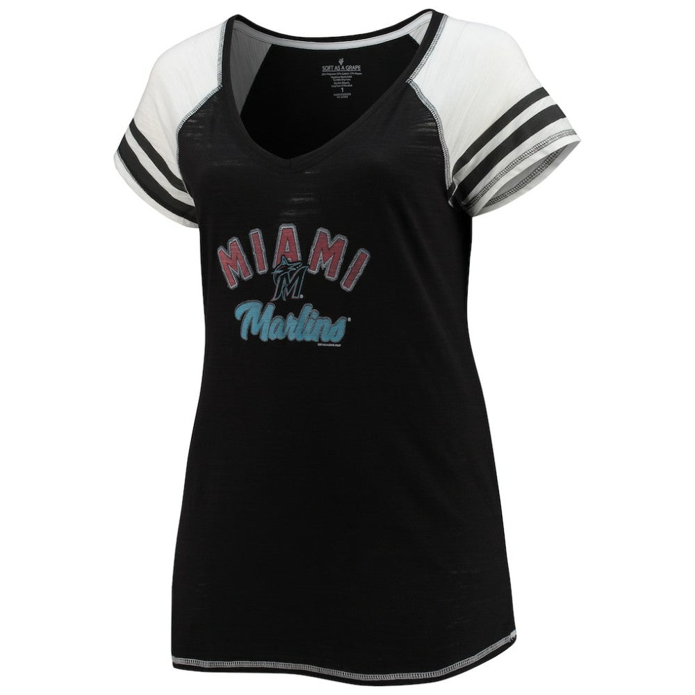 Miami Marlins Soft as a Grape Women's Curvy Color Block Tri-Blend Raglan V-Neck T-Shirt | MLB Discount