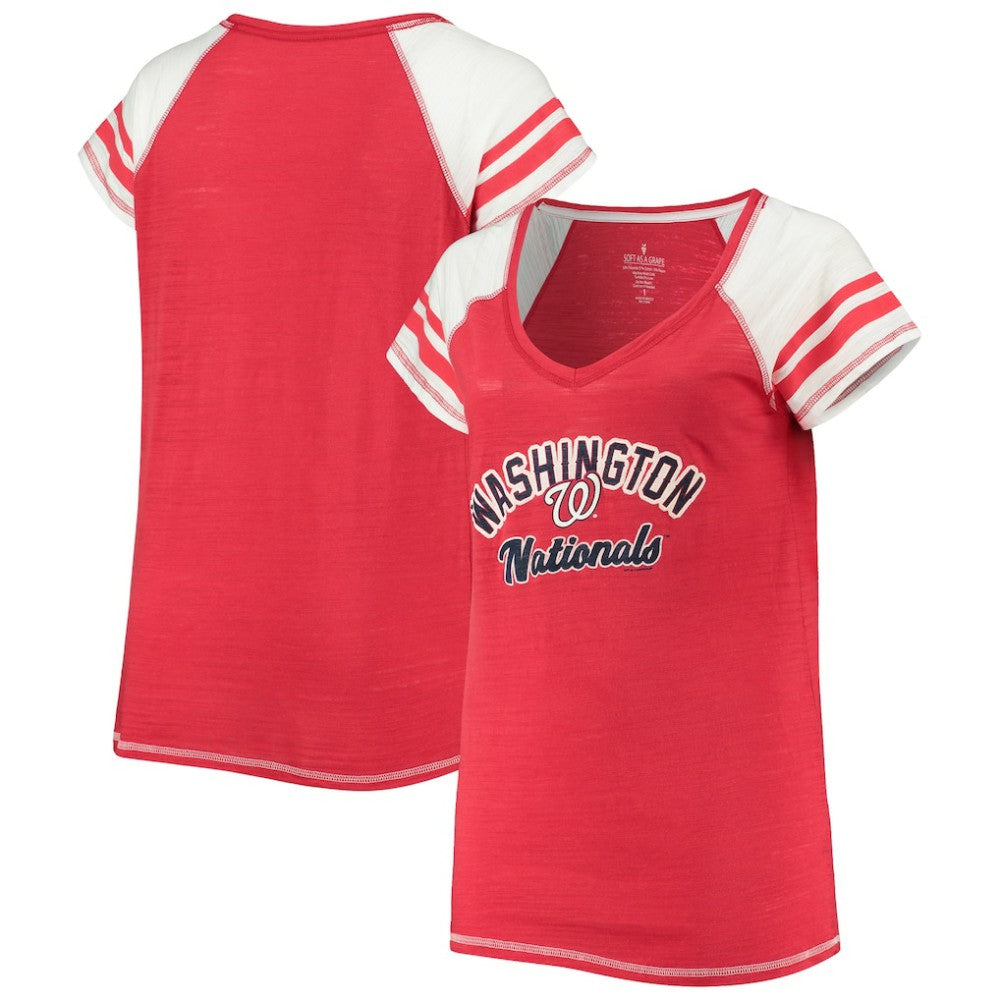 Washington Nationals Soft as a Grape Women's Curvy Color Block Tri-Blend Raglan V-Neck T-Shirt | MLB On Sale