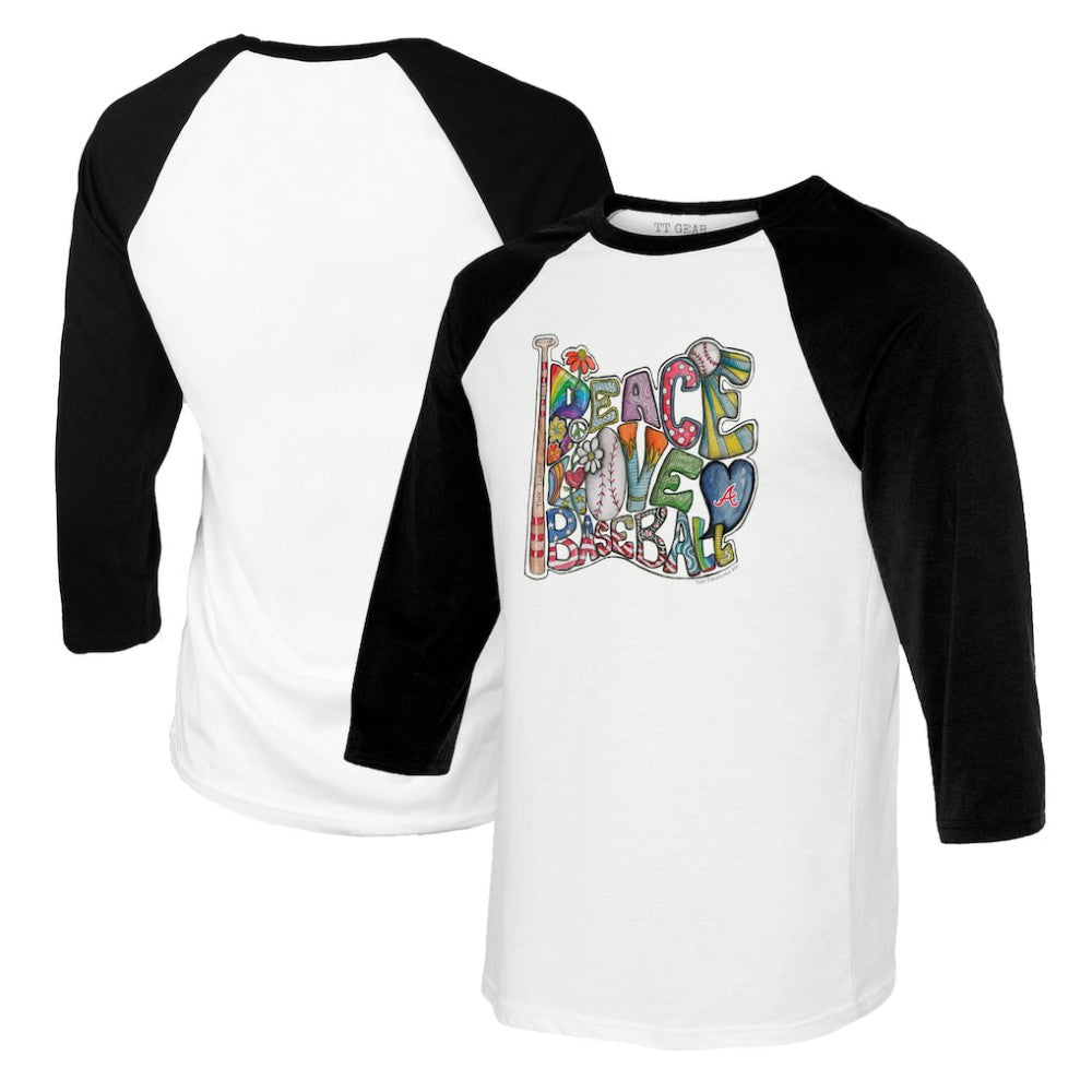 Atlanta Braves Tiny Turnip Women's Peace Love Baseball 3/4-Sleeve Raglan T-Shirt | MLB US