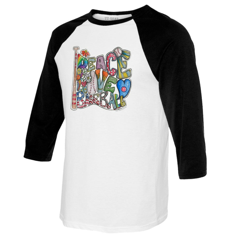 Chicago Cubs Tiny Turnip Women's Peace Love Baseball 3/4-Sleeve Raglan T-Shirt | MLB Sale