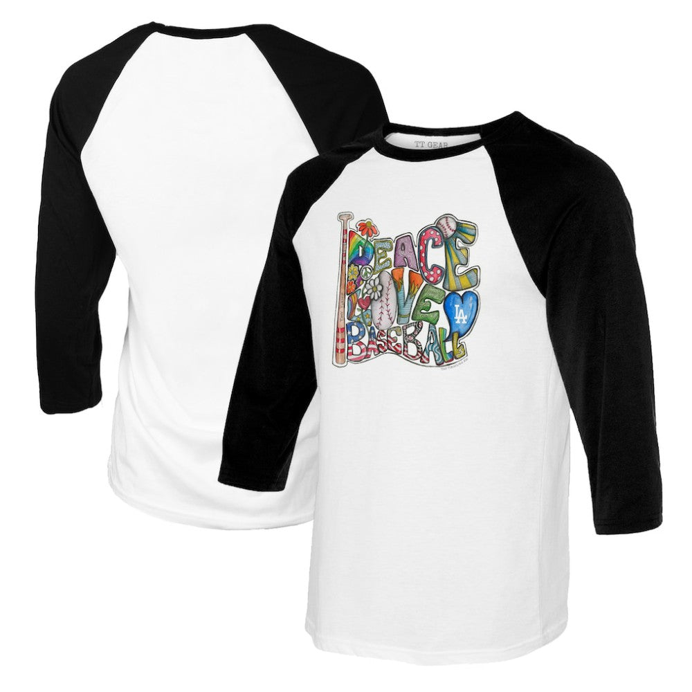 Los Angeles Dodgers Tiny Turnip Women's Peace Love Baseball 3/4-Sleeve Raglan T-Shirt | MLB US