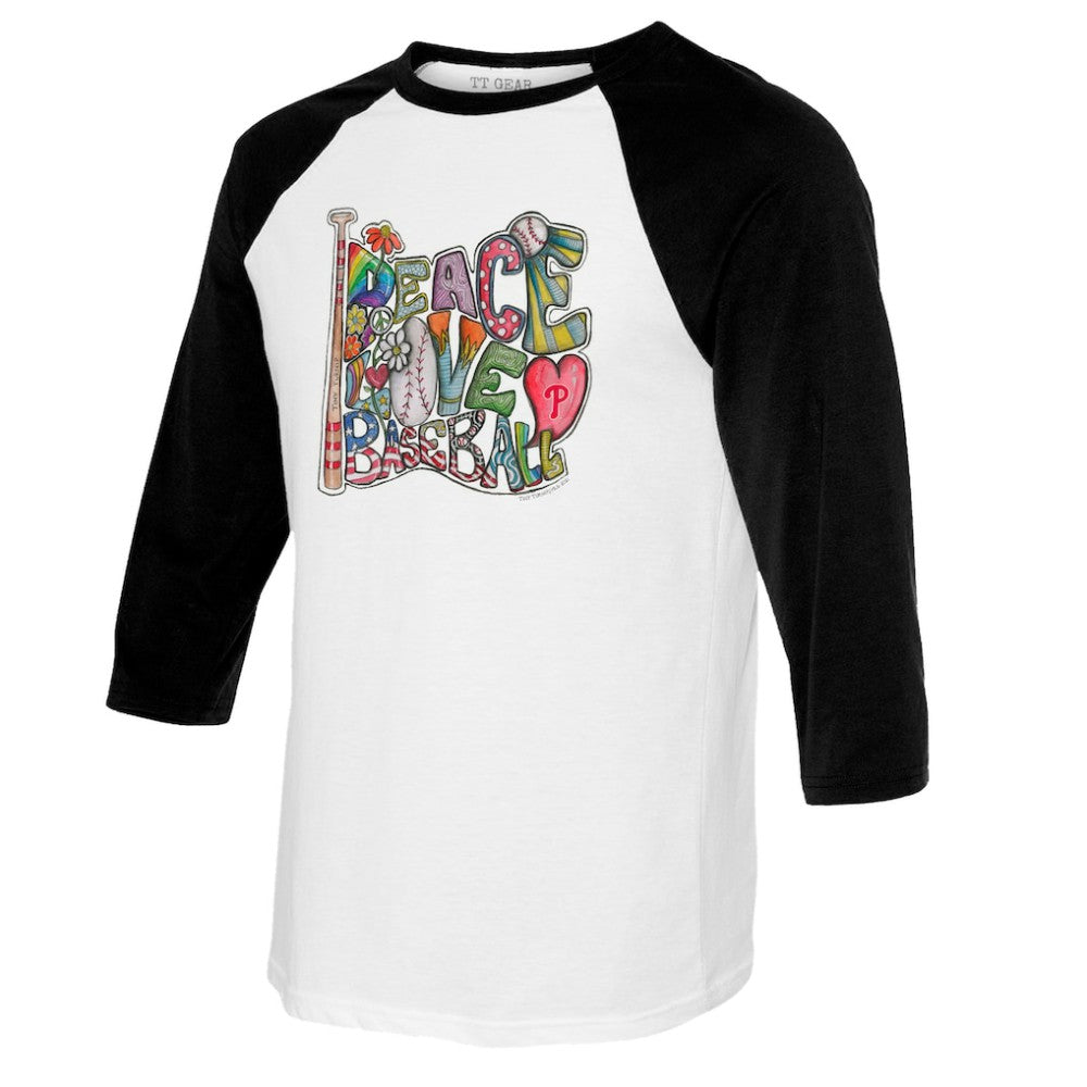 Philadelphia Phillies Tiny Turnip Women's Peace Love Baseball 3/4-Sleeve Raglan T-Shirt | MLB Sale