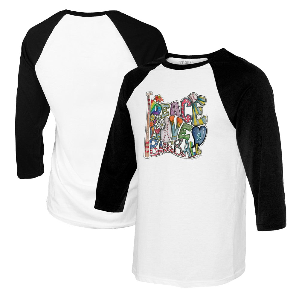 Seattle Mariners Tiny Turnip Women's Peace Love Baseball 3/4-Sleeve Raglan T-Shirt | MLB US