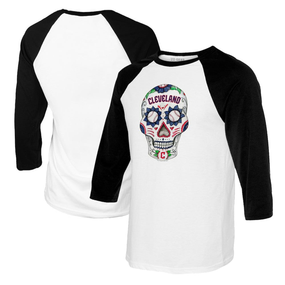 Cleveland Guardians Tiny Turnip Women's Sugar Skull 3/4-Sleeve Raglan T-Shirt | MLB For sale