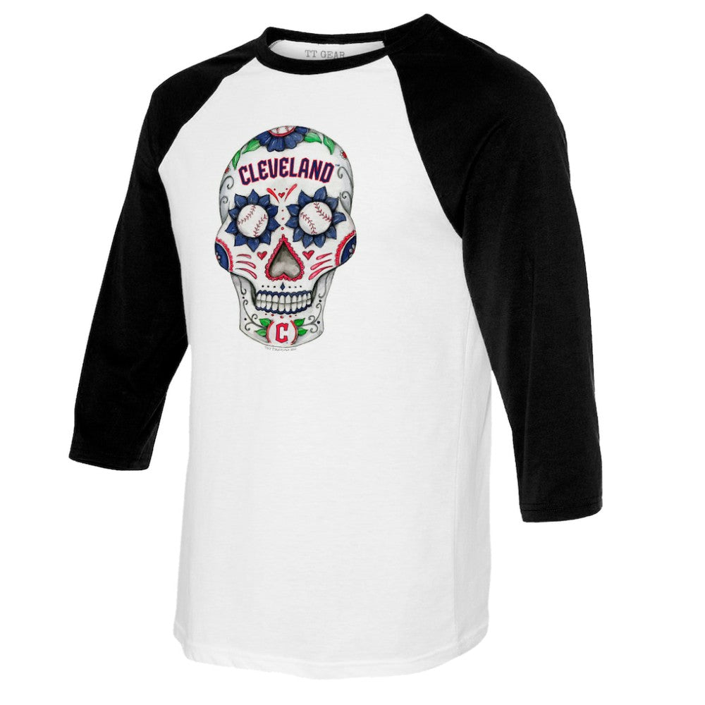 Cleveland Guardians Tiny Turnip Women's Sugar Skull 3/4-Sleeve Raglan T-Shirt | MLB For sale