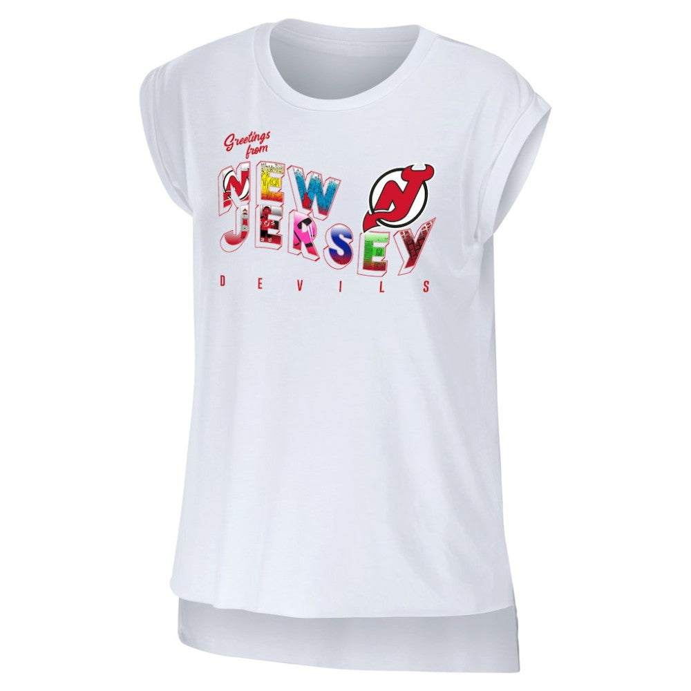 New Jersey Devils WEAR by Erin Andrews Women's Greetings From Muscle T-Shirt On Sale