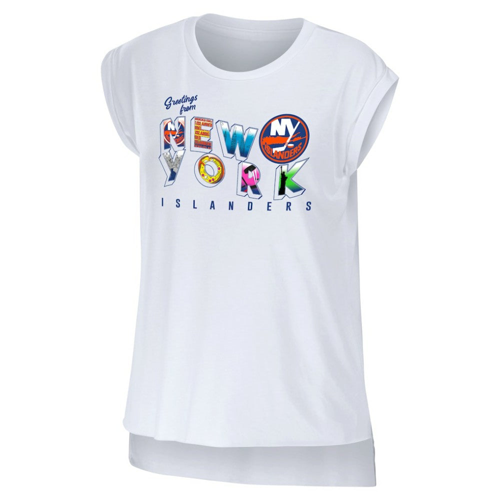 New York Islanders WEAR by Erin Andrews Women's Greetings From Muscle T-Shirt On Sale