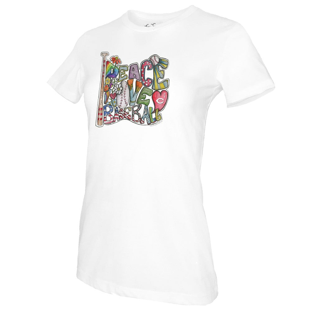 Cincinnati Reds Tiny Turnip Women's Peace Love Baseball T-Shirt | MLB On Sale