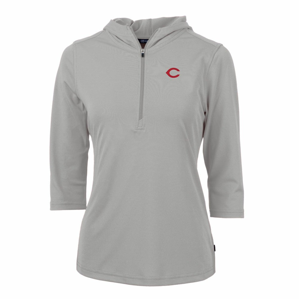 Cincinnati Reds Cutter & Buck Women's Virtue Eco Pique 3/4 Sleeve Half-Zip Pullover Hoodie | MLB New