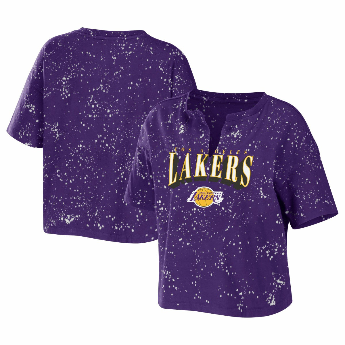 Los Angeles Lakers WEAR by Erin Andrews Women's Bleach Splatter Notch Neck T-Shirt New