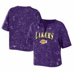 Los Angeles Lakers WEAR by Erin Andrews Women's Bleach Splatter Notch Neck T-Shirt New
