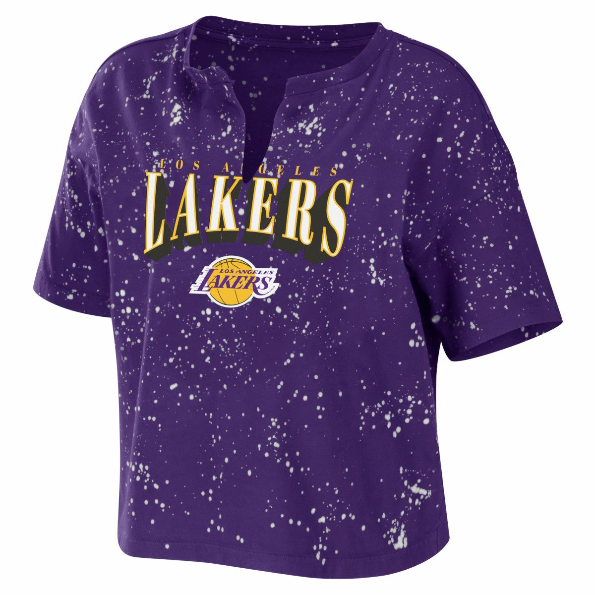 Los Angeles Lakers WEAR by Erin Andrews Women's Bleach Splatter Notch Neck T-Shirt New