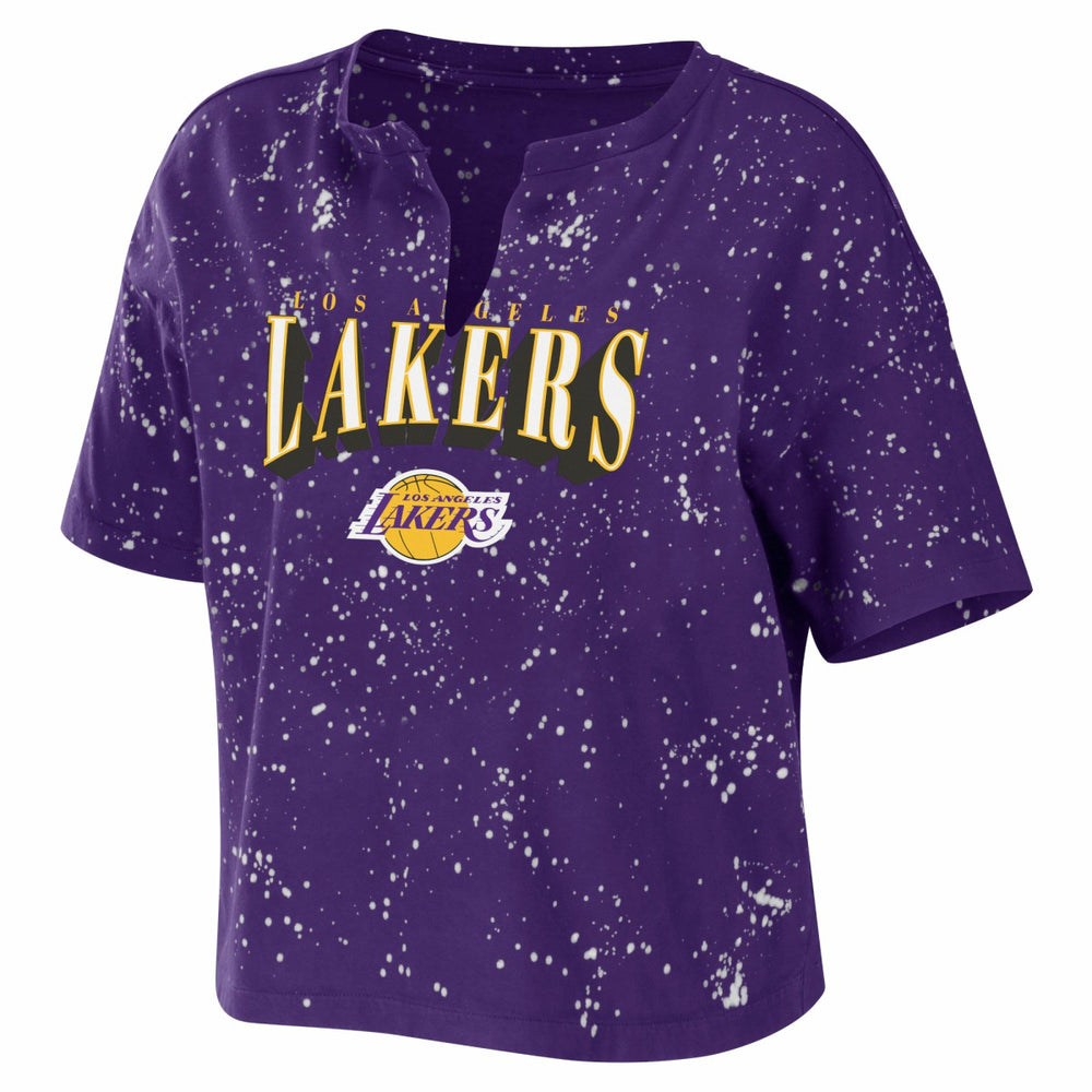 Los Angeles Lakers WEAR by Erin Andrews Women's Bleach Splatter Notch Neck T-Shirt New