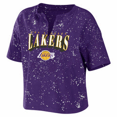 Los Angeles Lakers WEAR by Erin Andrews Women's Bleach Splatter Notch Neck T-Shirt New