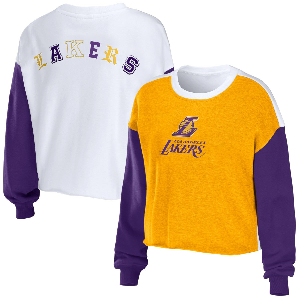 Los Angeles Lakers WEAR by Erin Andrews Women's Mixed Letter Cropped Pullover Sweatshirt On Sale