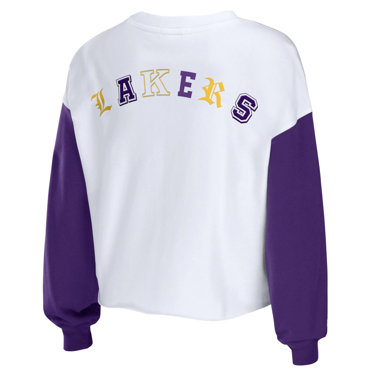 Los Angeles Lakers WEAR by Erin Andrews Women's Mixed Letter Cropped Pullover Sweatshirt On Sale