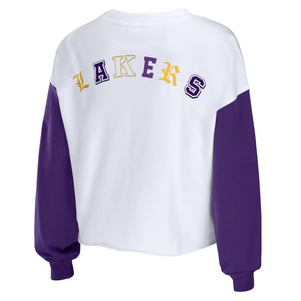 Los Angeles Lakers WEAR by Erin Andrews Women's Mixed Letter Cropped Pullover Sweatshirt On Sale
