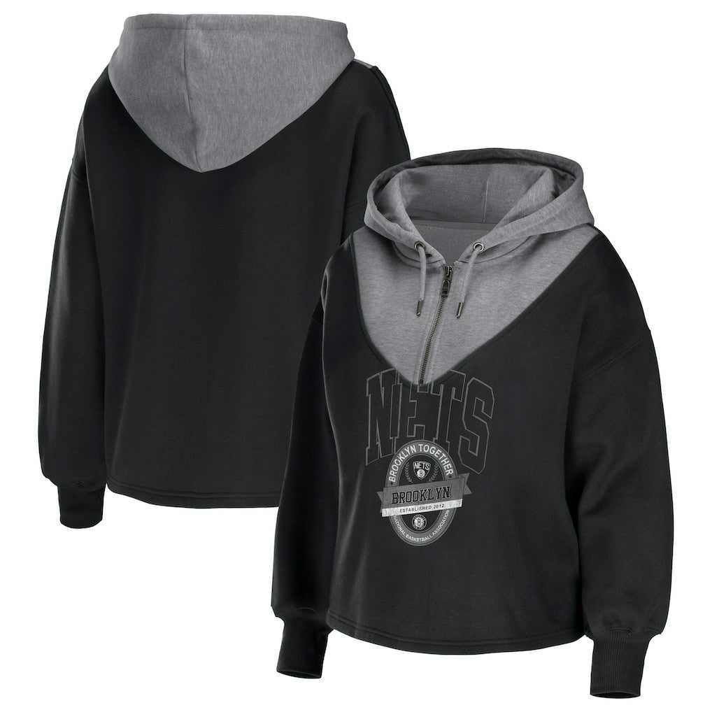Brooklyn Nets WEAR by Erin Andrews Women's Pieced Quarter-Zip Hoodie Jacket Discount