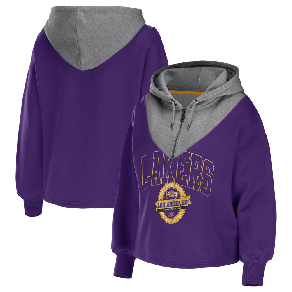 Los Angeles Lakers WEAR by Erin Andrews Women's Pieced Quarter-Zip Hoodie Jacket On Sale