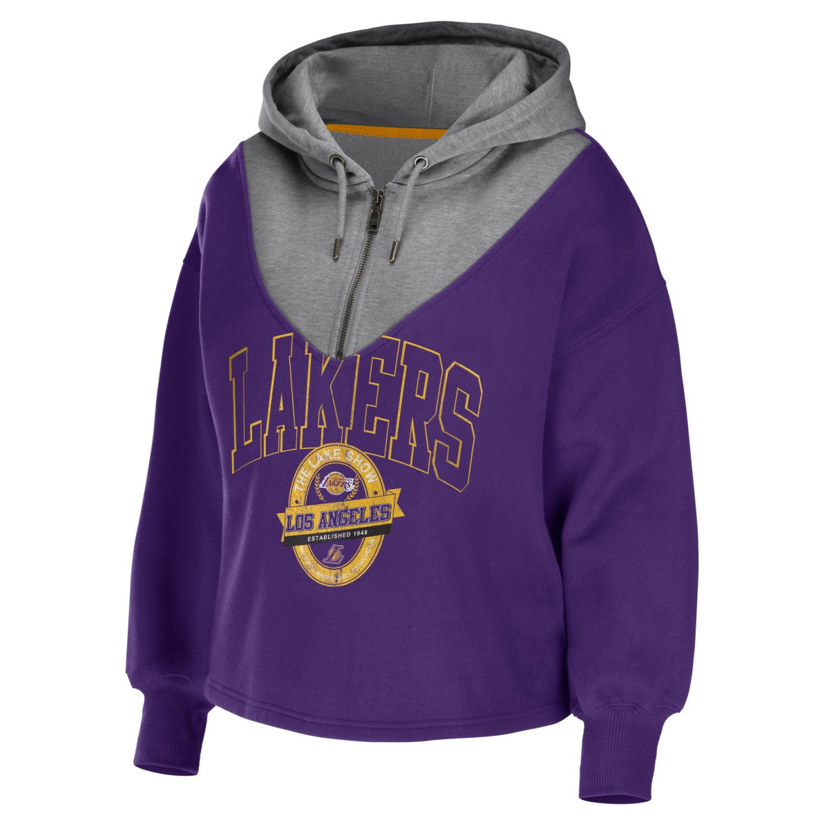 Los Angeles Lakers WEAR by Erin Andrews Women's Pieced Quarter-Zip Hoodie Jacket On Sale